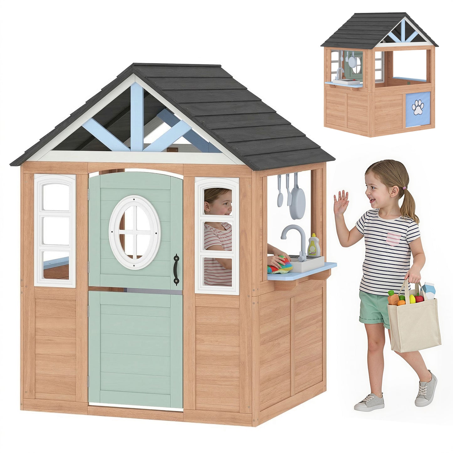 Maisonnette en bois avec cuisine et porte pour animaux