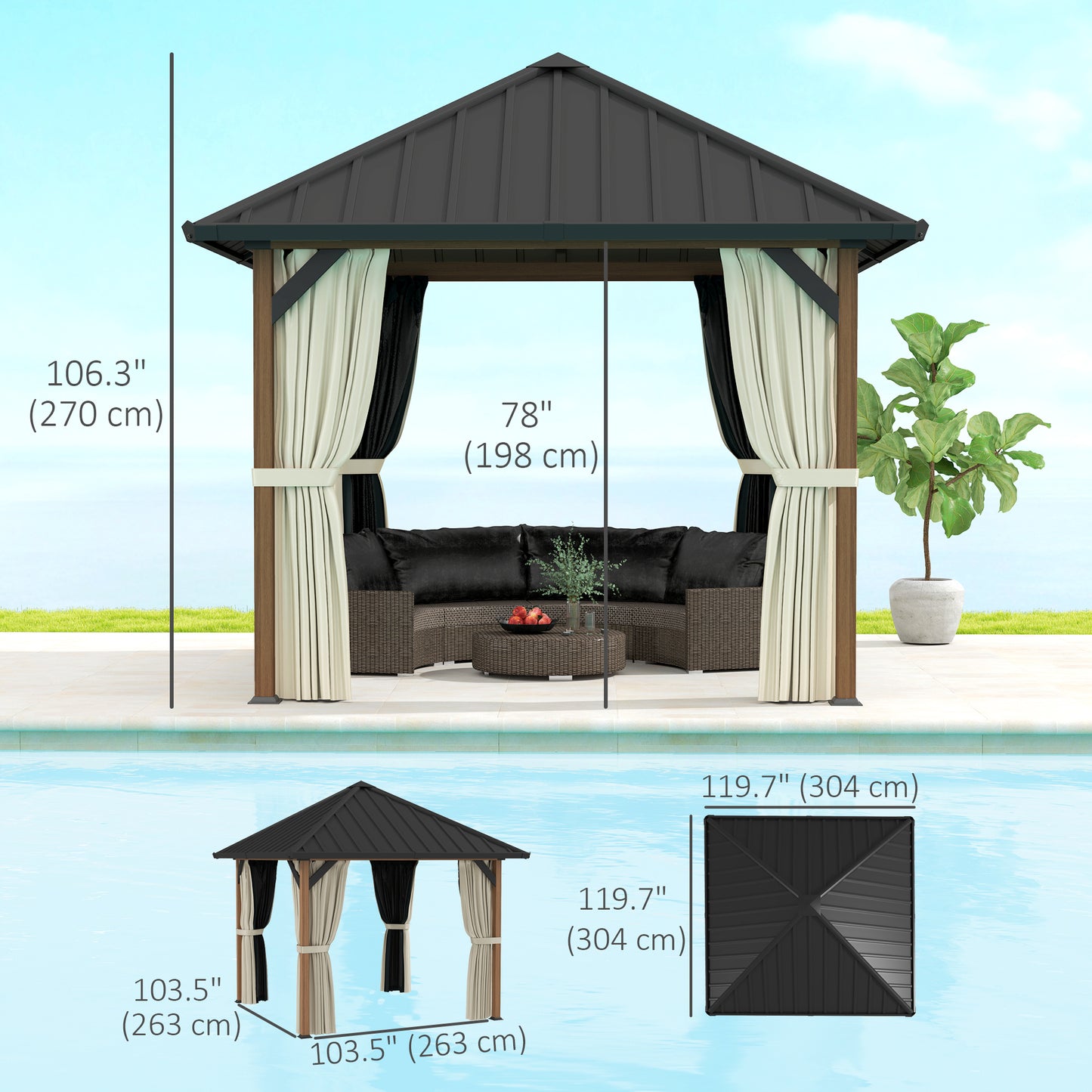 Gazebo toit rigide 3x3m métal galvanisé rideaux moustiquaire