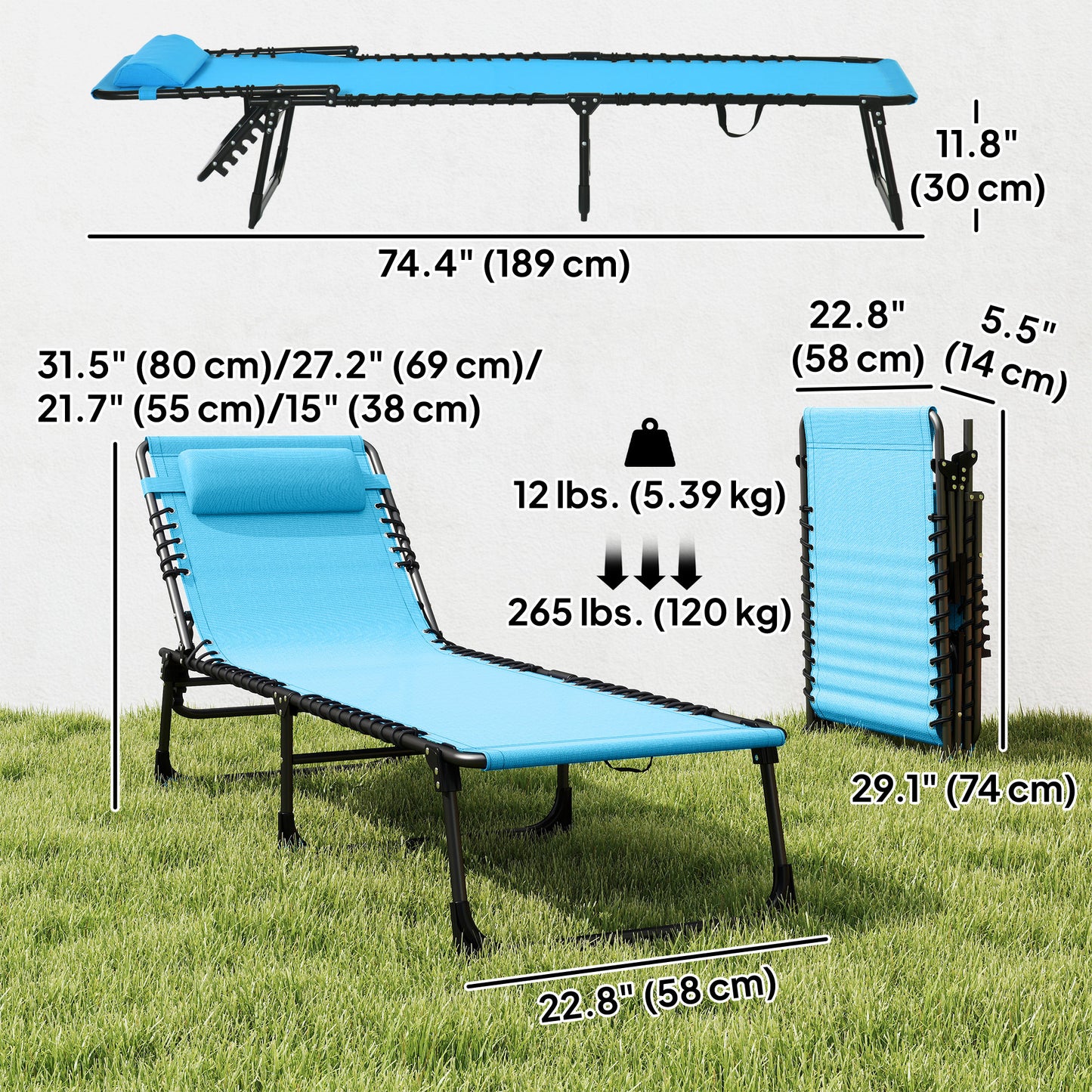 Chaise longue pliante réglable 4 positions avec appui-tête