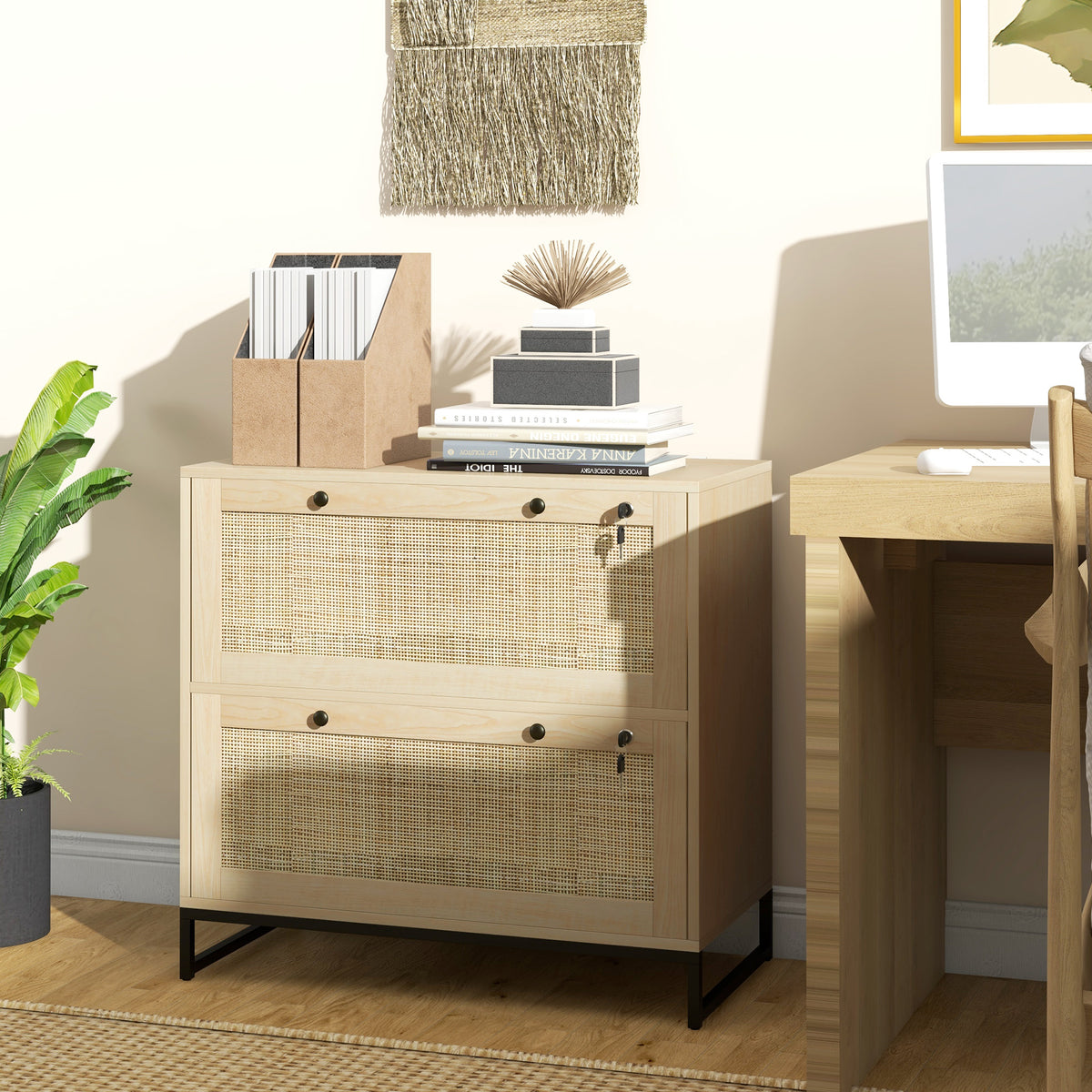 Classeur 2 tiroirs avec serrure design rattan