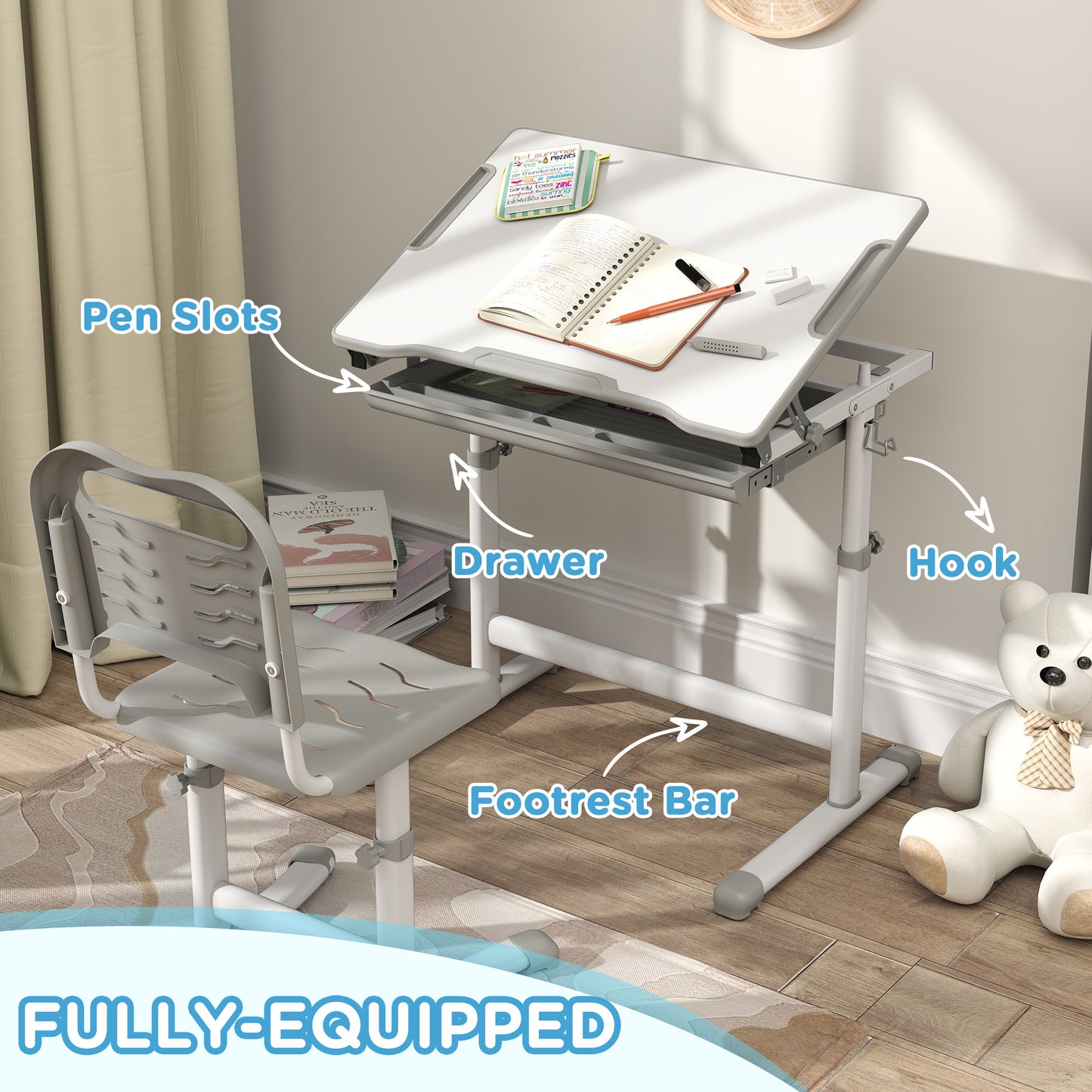 Bureau d'étude ajustable avec chaise et tiroir enfant