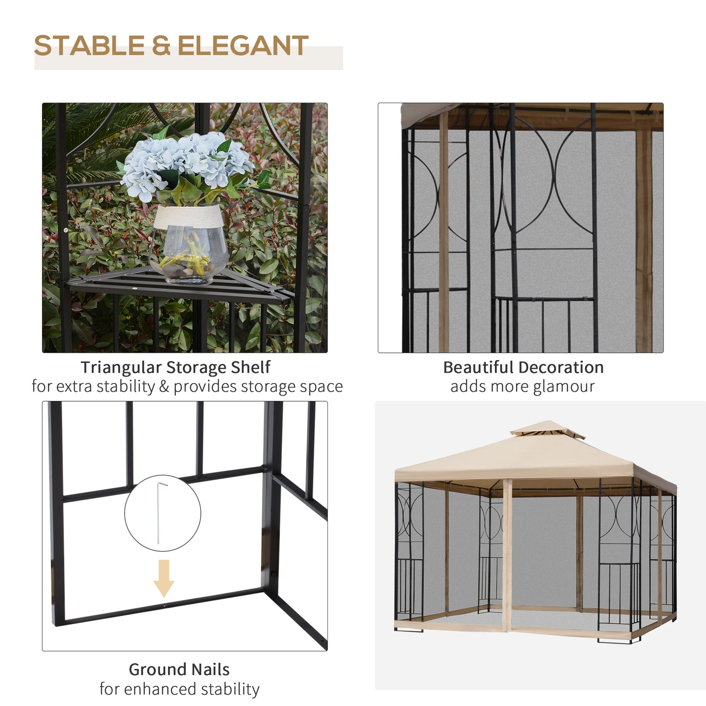 Gazebo de patio double toit avec moustiquaire 3x3m