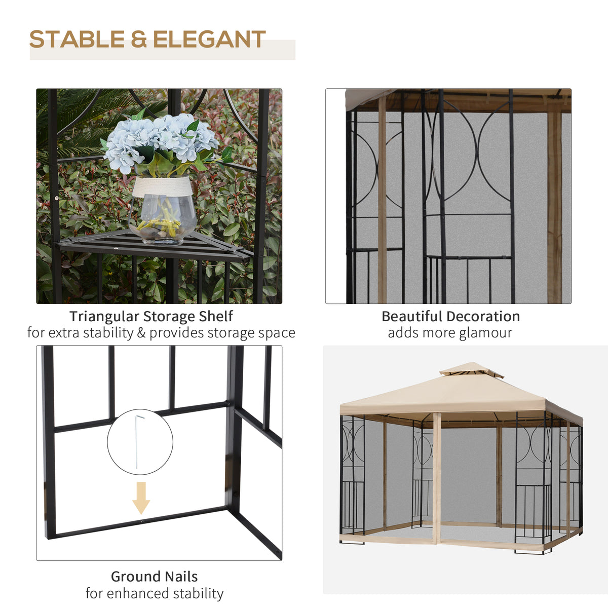 Gazebo de patio double toit avec moustiquaire 3x3m