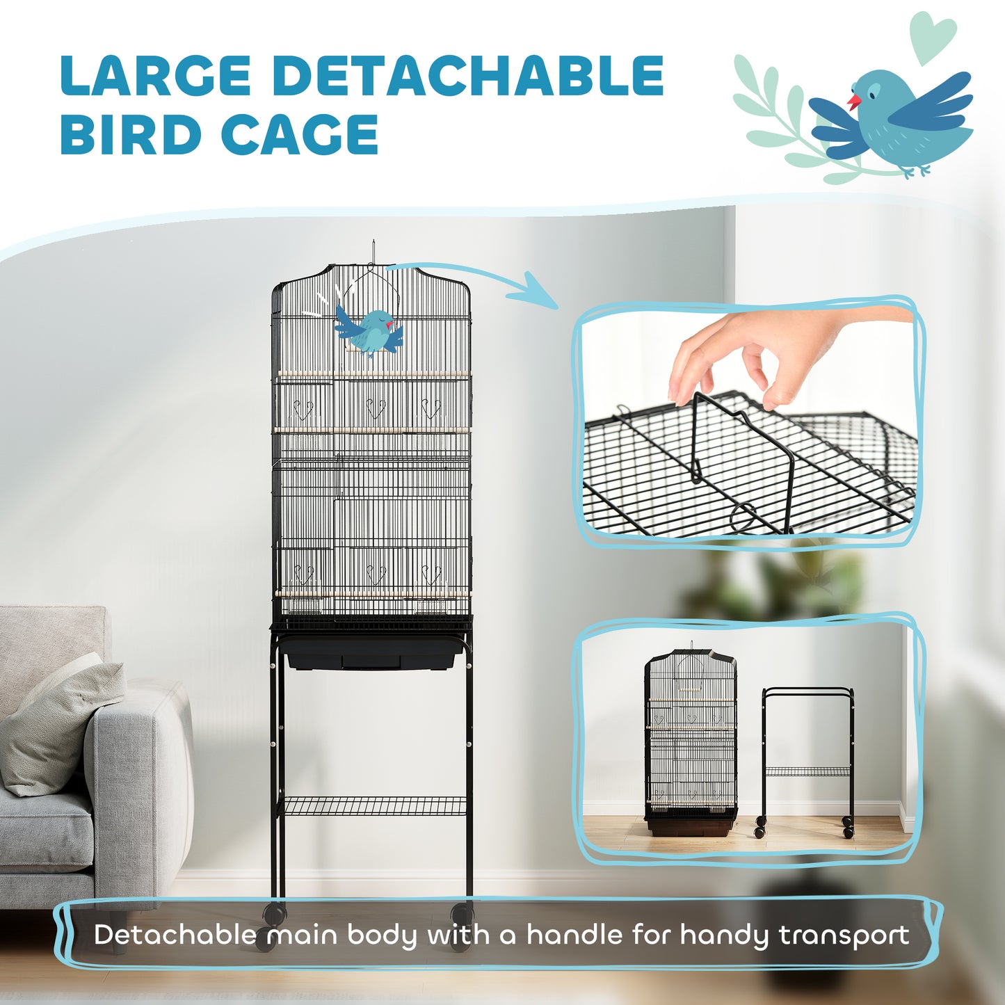 Cage à oiseaux sur roulettes avec tablette de rangement