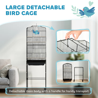 Cage à oiseaux sur roulettes avec tablette de rangement