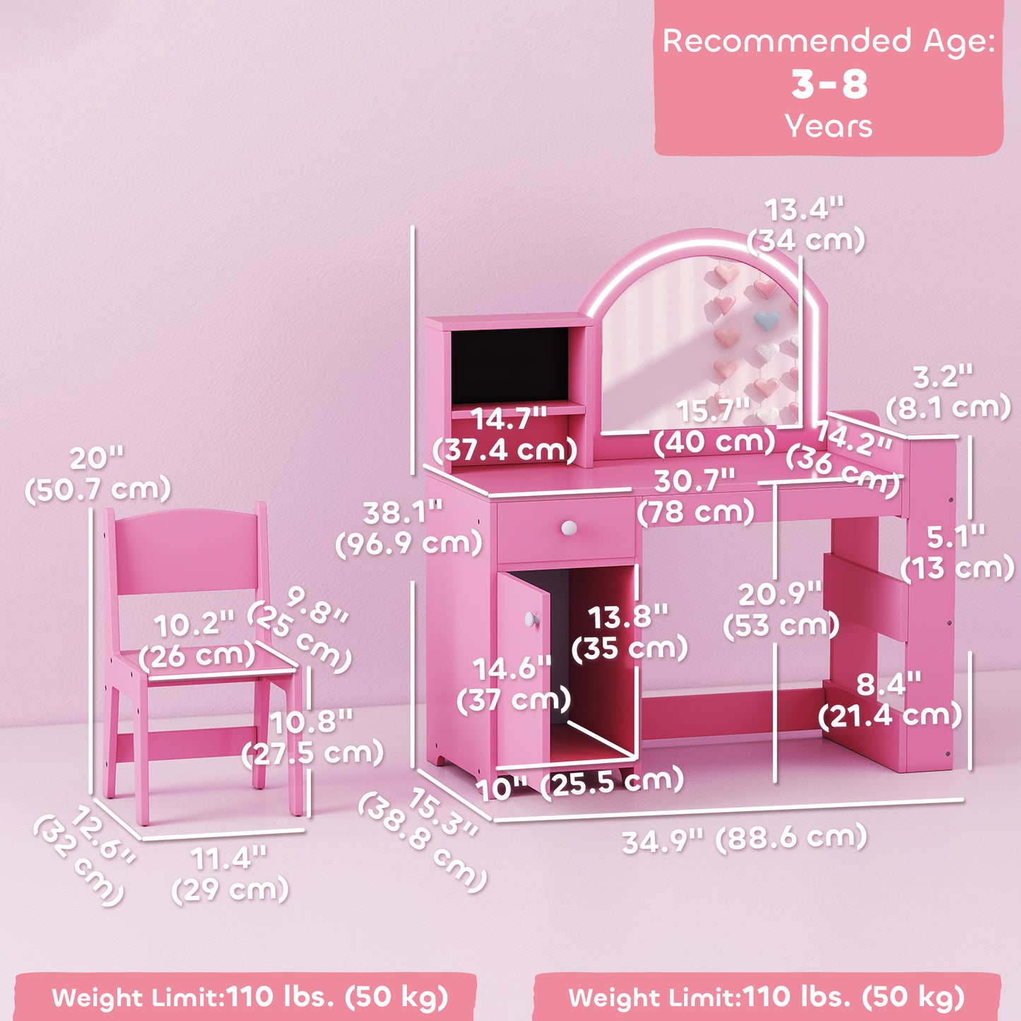 Coiffeuse enfant avec miroir éclairé et rangements