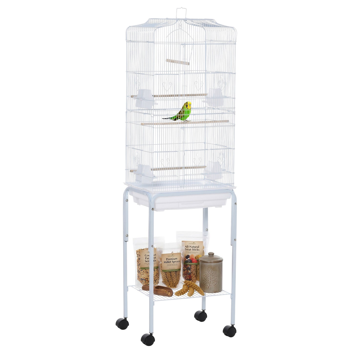 Cage à oiseaux sur roulettes avec tablette de rangement