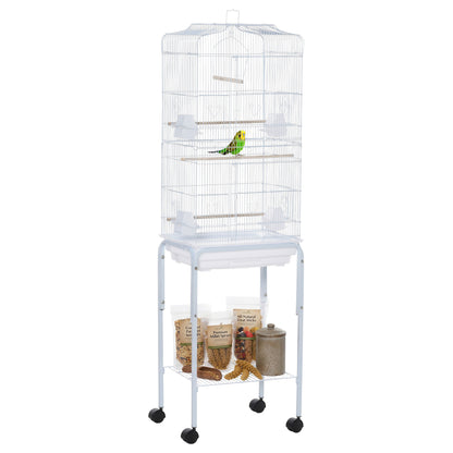 Cage à oiseaux sur roulettes avec tablette de rangement