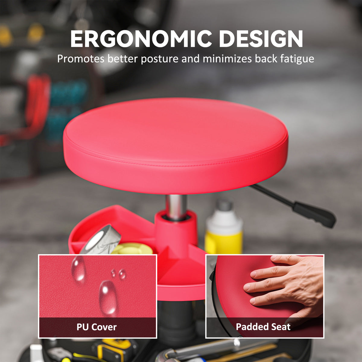 Tabouret de garage roulant à hauteur réglable avec plateaux