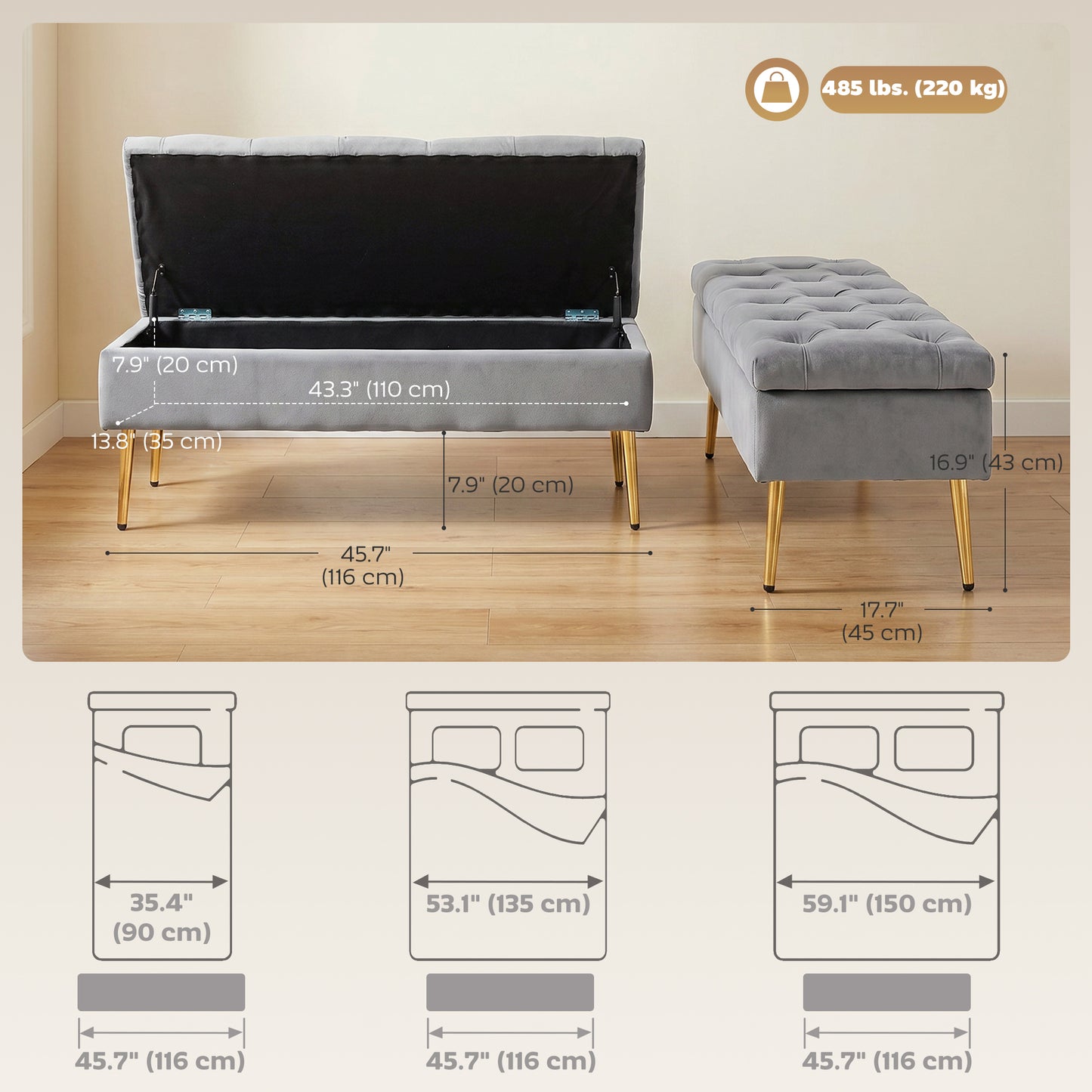 Banc coffre rembourré velours touffeté pieds dorés
