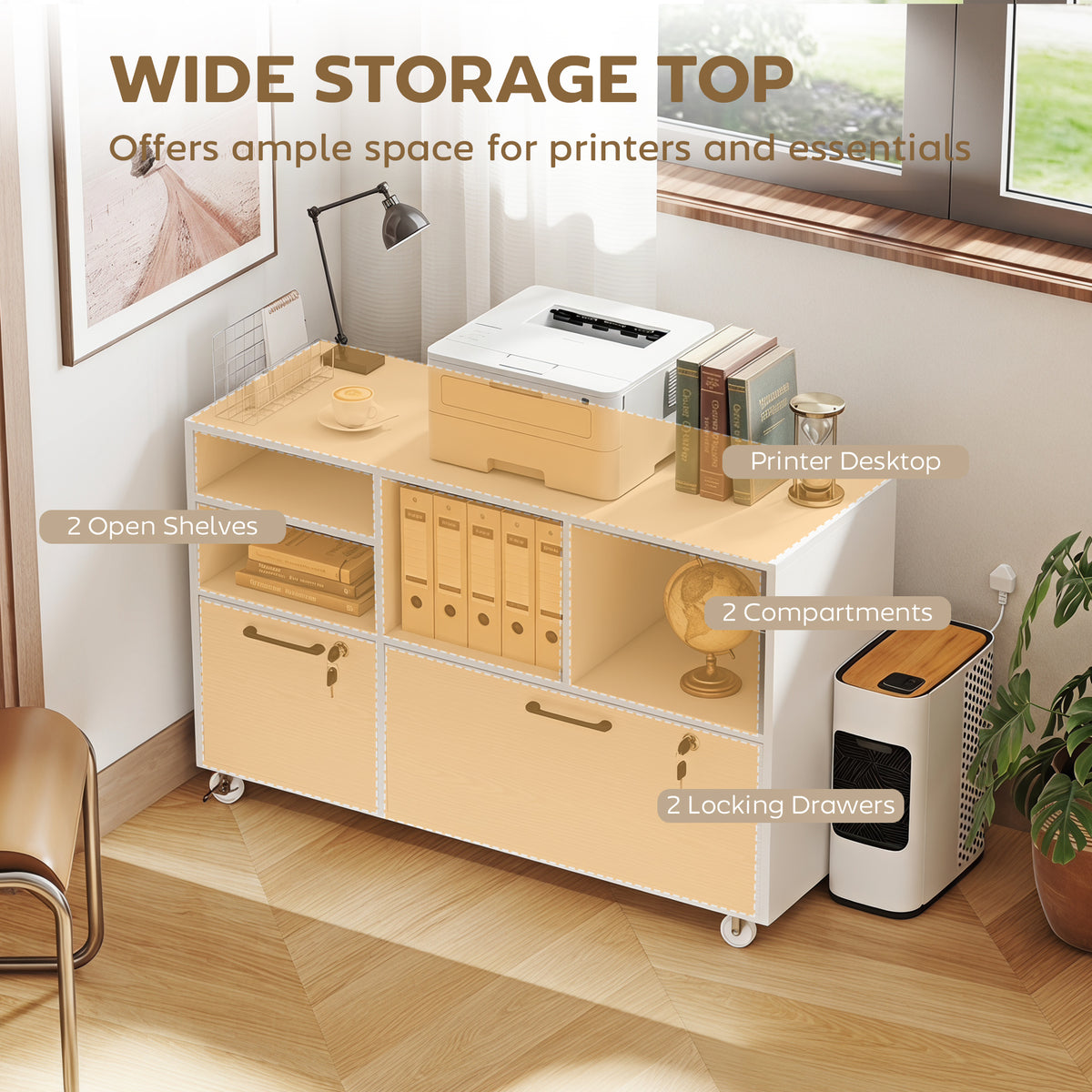 Caisson de bureau mobile à deux tiroirs avec serrure