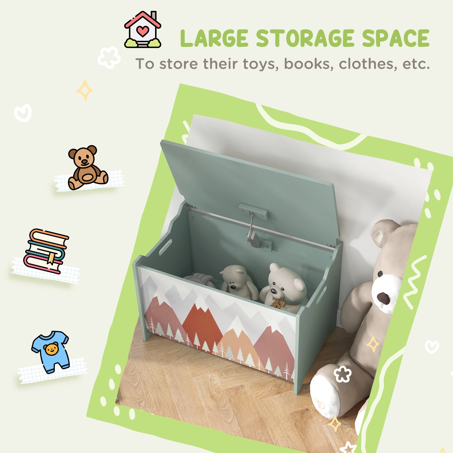 Coffre à jouets avec couvercle et charnières de sécurité