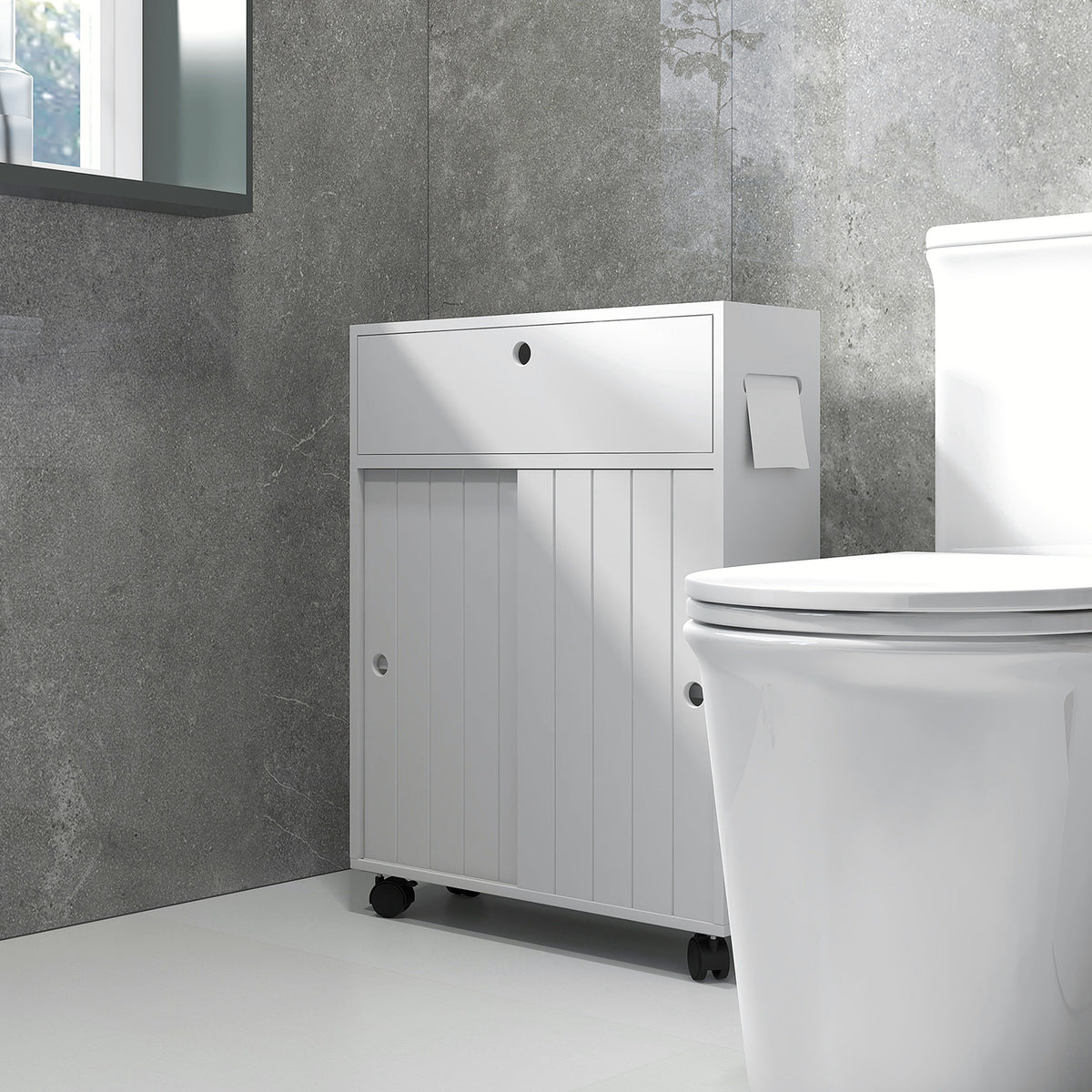 Meuble de rangement pour salle de bains mince sur roulettes