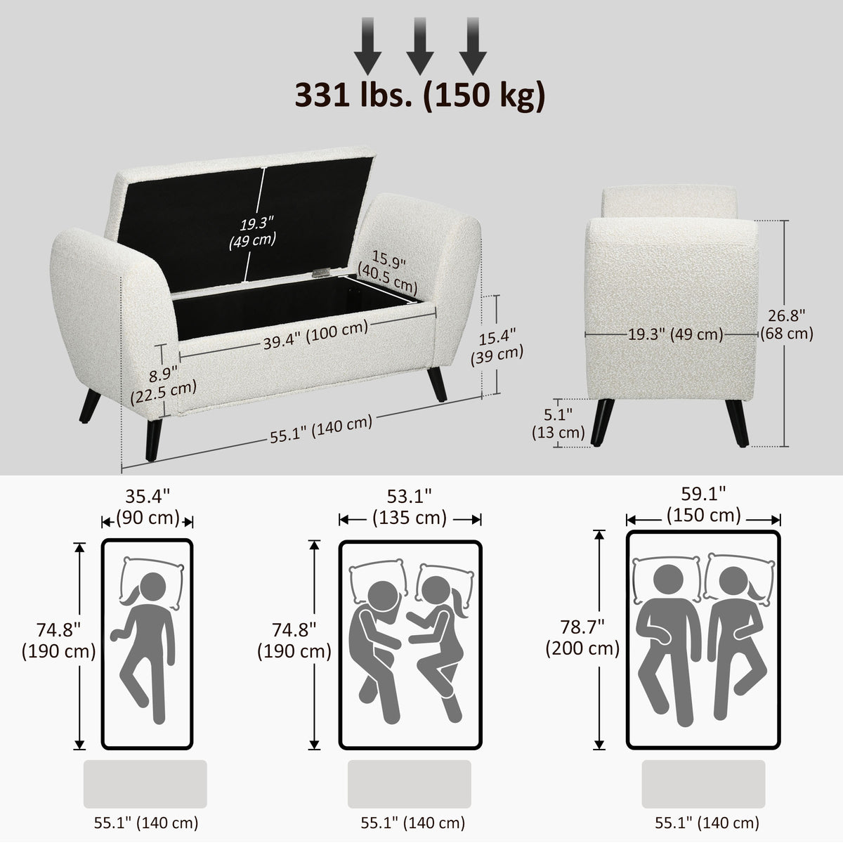 Banc de rangement capitonné moderne avec accoudoirs