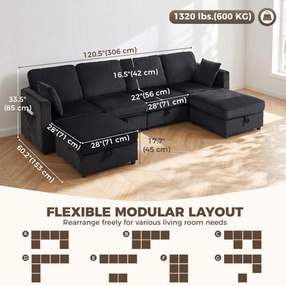 Sofa modulaire U en velours côtelé avec rangement