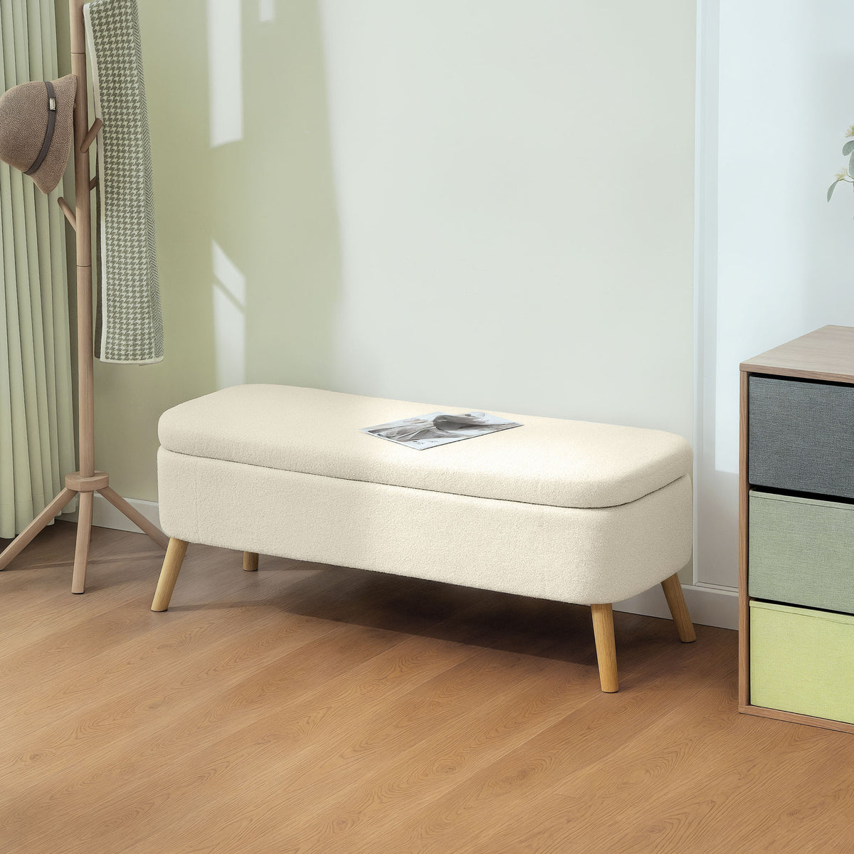 Banc de rangement en bouclette rembourré 120 cm