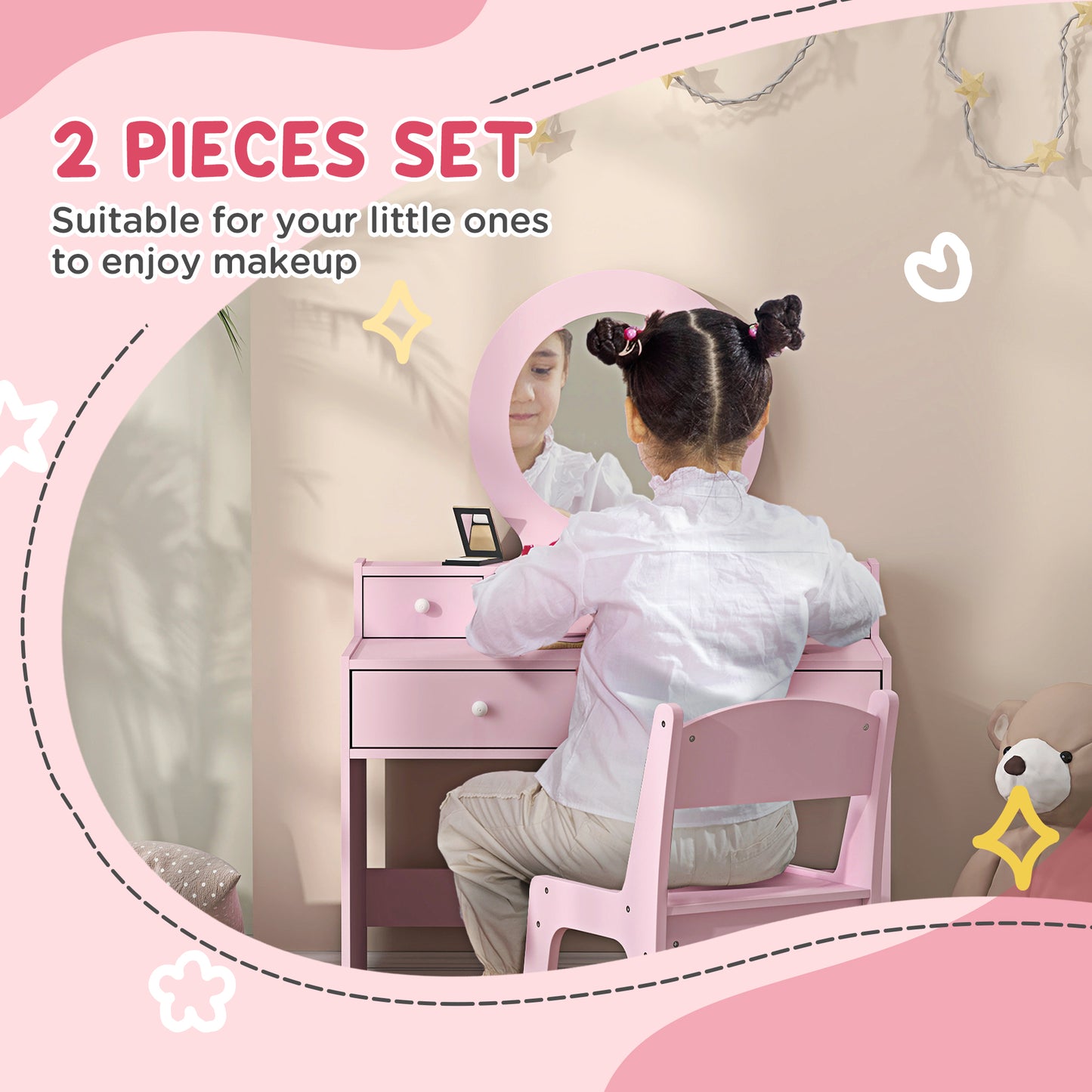Coiffeuse enfant avec miroir et tabouret 4 tiroirs