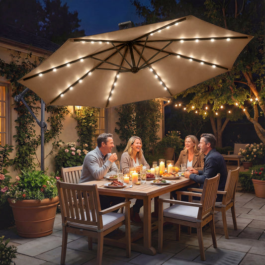 Parasol déporté avec lumières solaires LED et manivelle