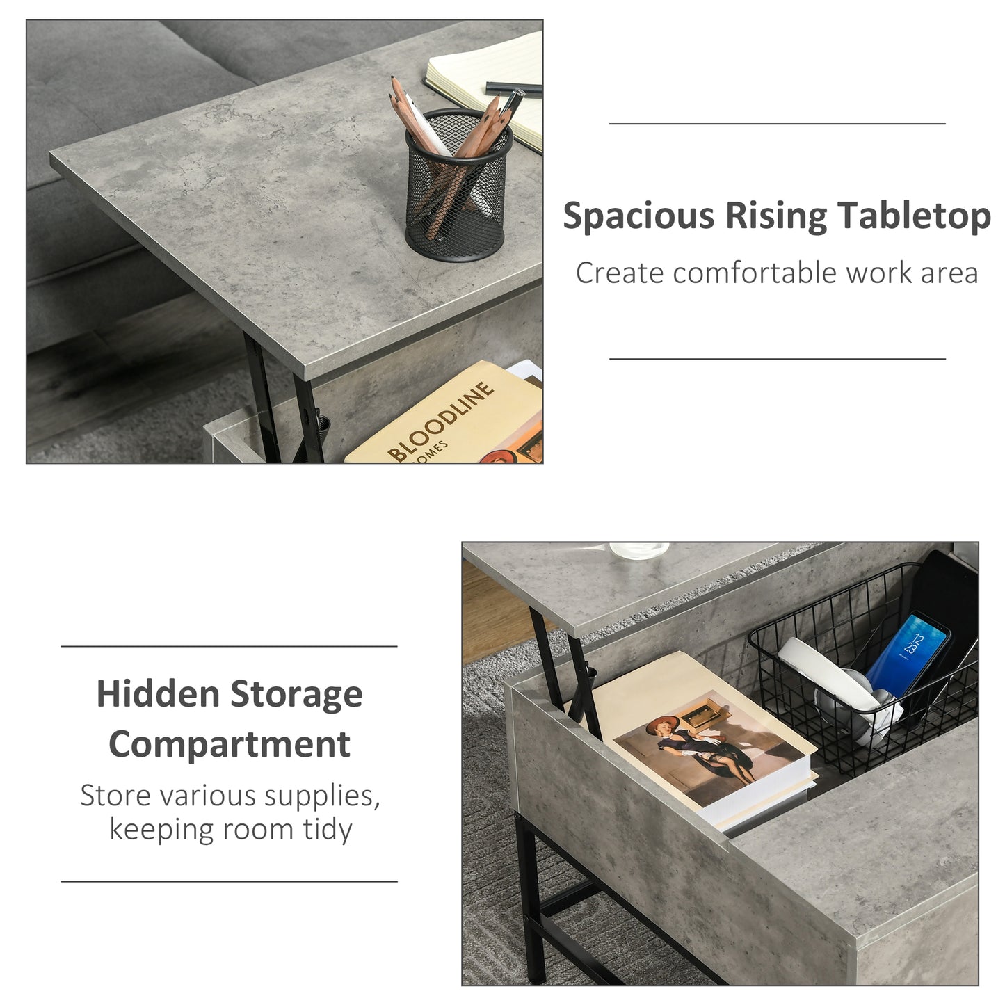 Table basse plateau relevable avec rangement caché