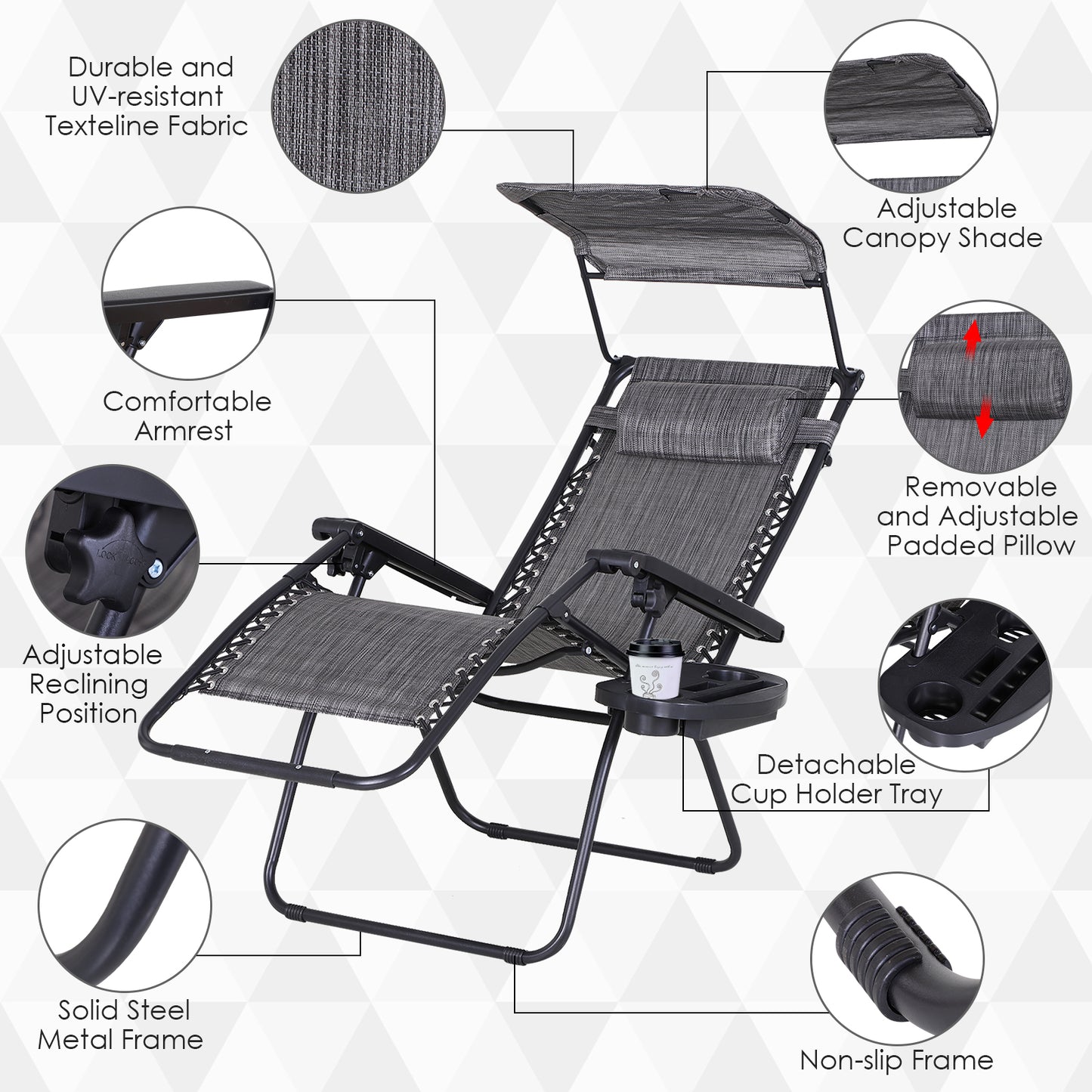 Chaise longue zéro gravité pliable avec auvent