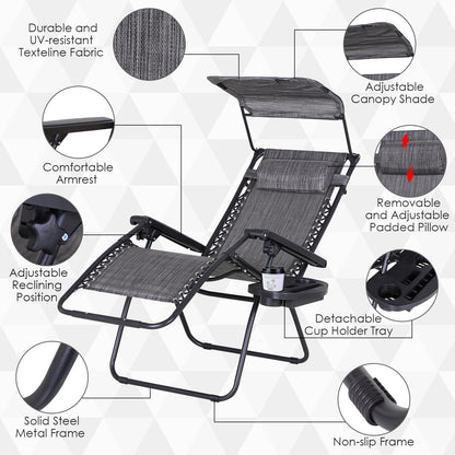 Chaise longue zéro gravité pliable avec auvent