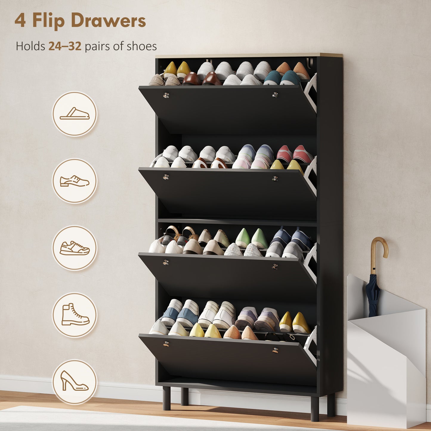 Armoire à chaussures étroite 4 tiroirs — 24 à 32 paires