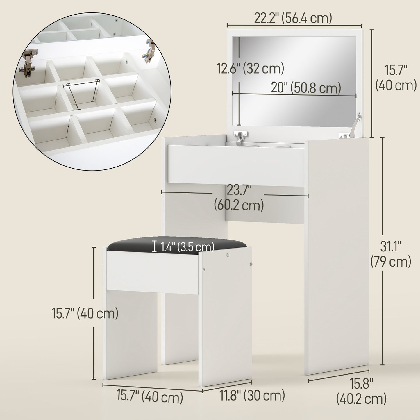 Coiffeuse moderne avec miroir rabattable et tabouret rembourré