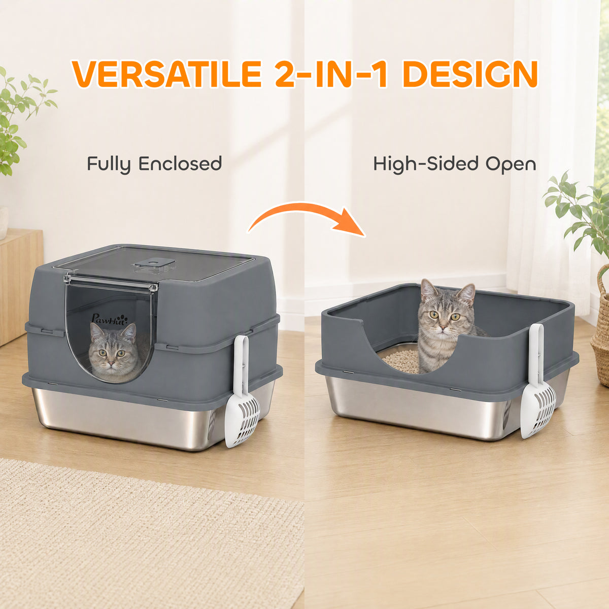 Litière pour chat en acier inoxydable avec couvercle amovible