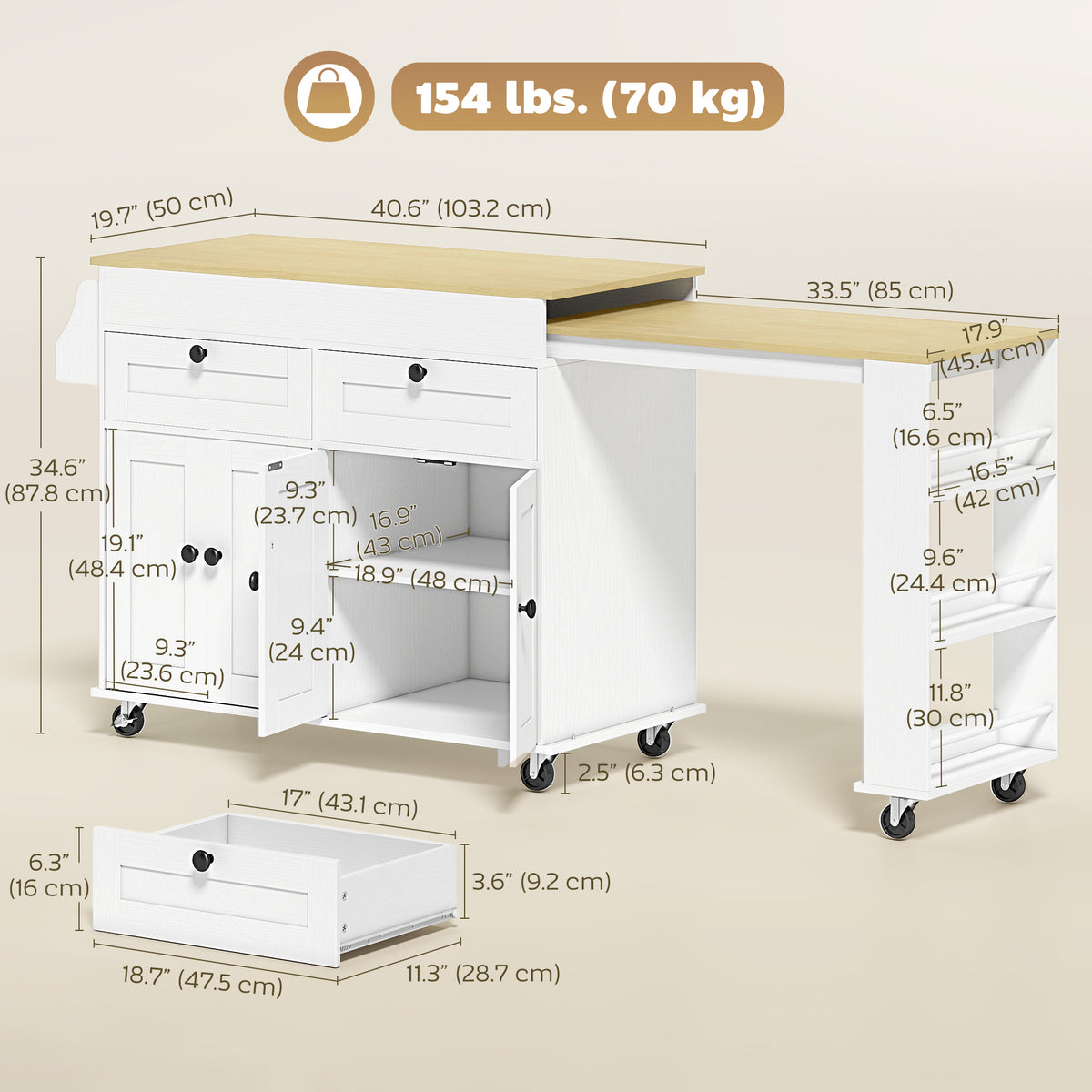 Îlot de cuisine roulant avec plateau extensible et prise