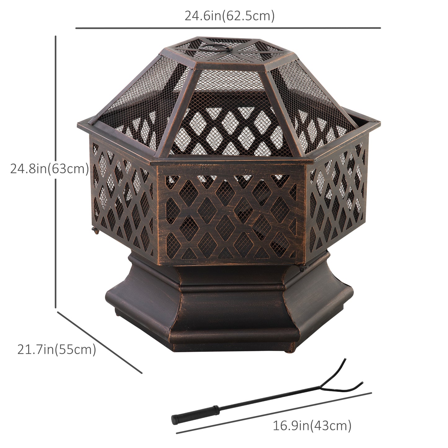 Foyer extérieur hexagonal en acier avec couvercle et tisonnier