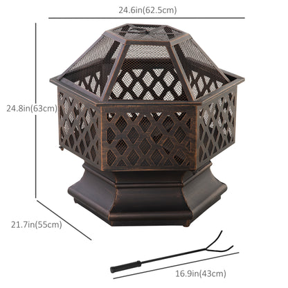 Foyer extérieur hexagonal en acier avec couvercle et tisonnier