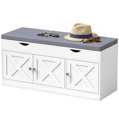 Banc à chaussures avec coussin et rangement à trois portes