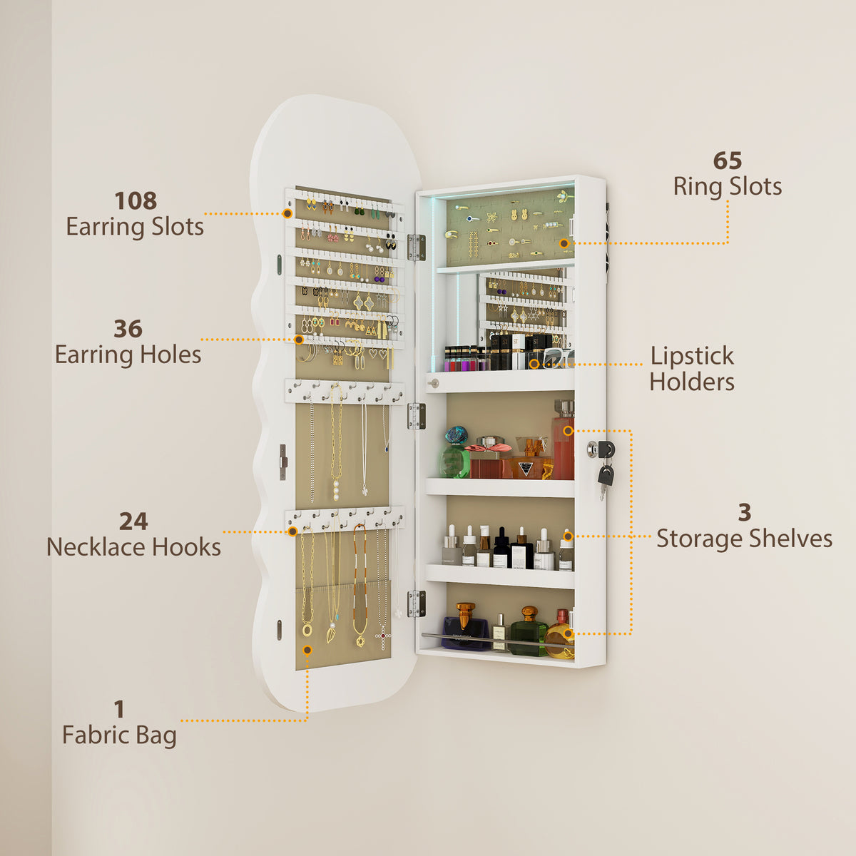 Armoire à bijoux murale avec miroir pleine longueur