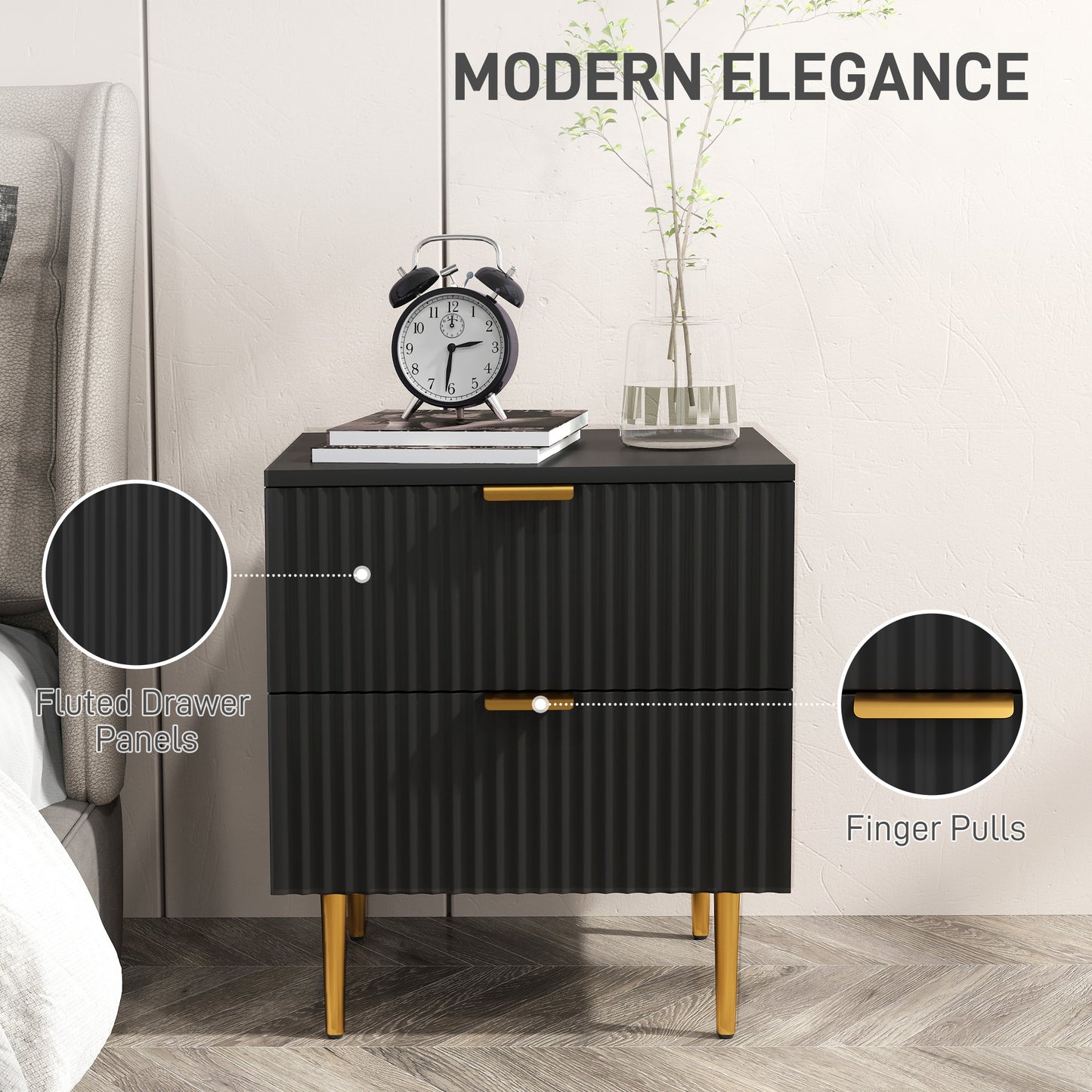 Table de chevet à 2 tiroirs avec poignées dorées