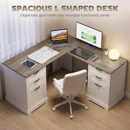 Bureau en L avec prises et six tiroirs