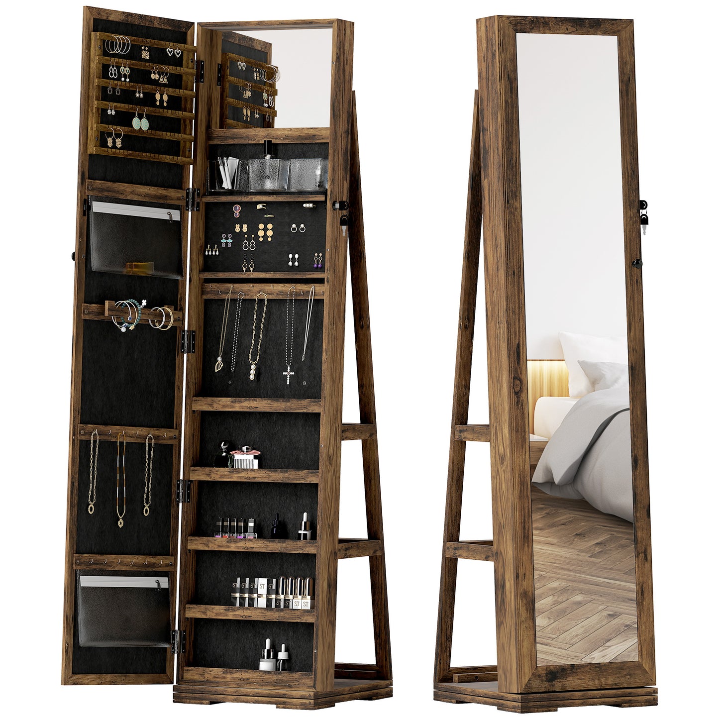 Armoire à bijoux pivotante 360° avec miroir verrouillable