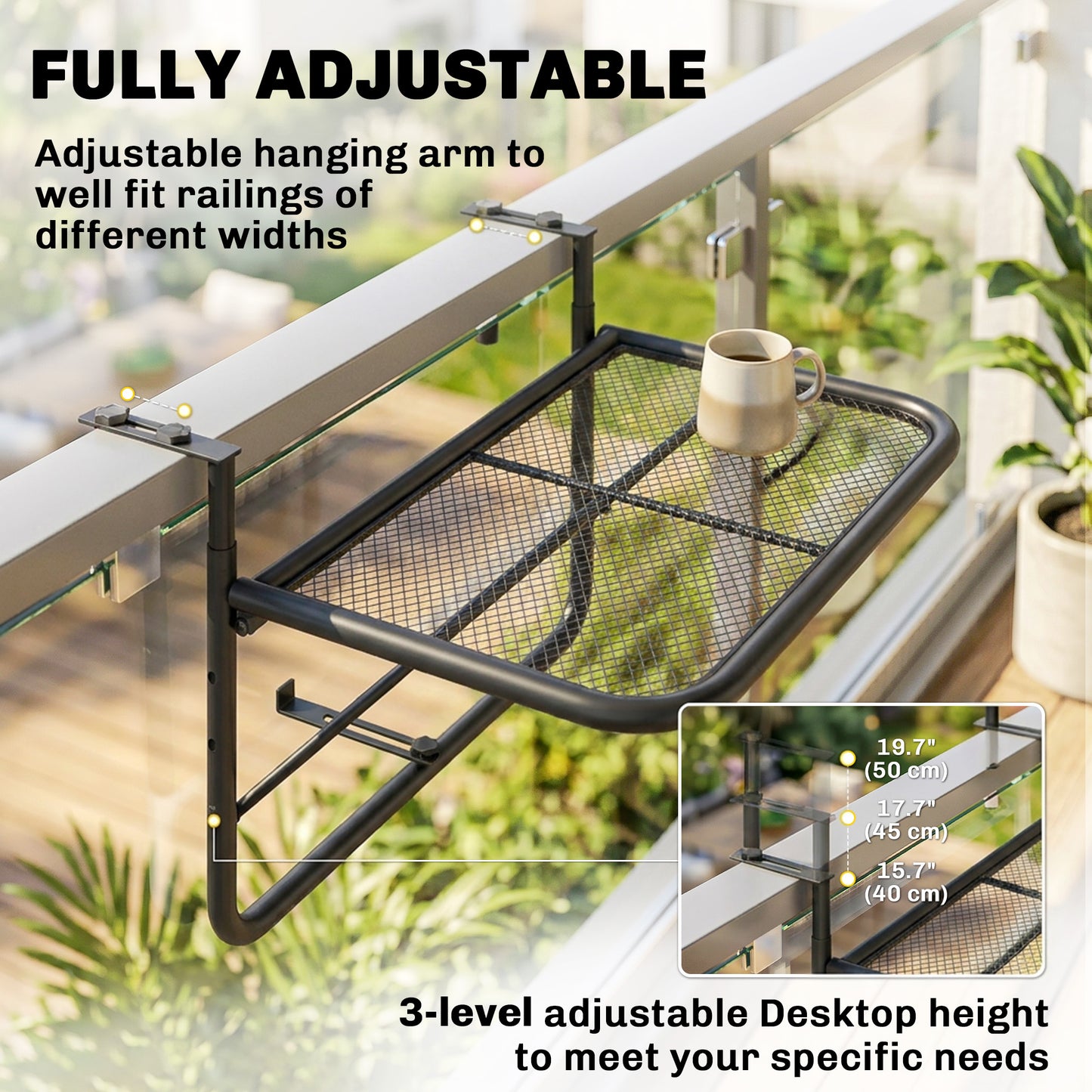 Table de balcon suspendue ajustable pour rambarde