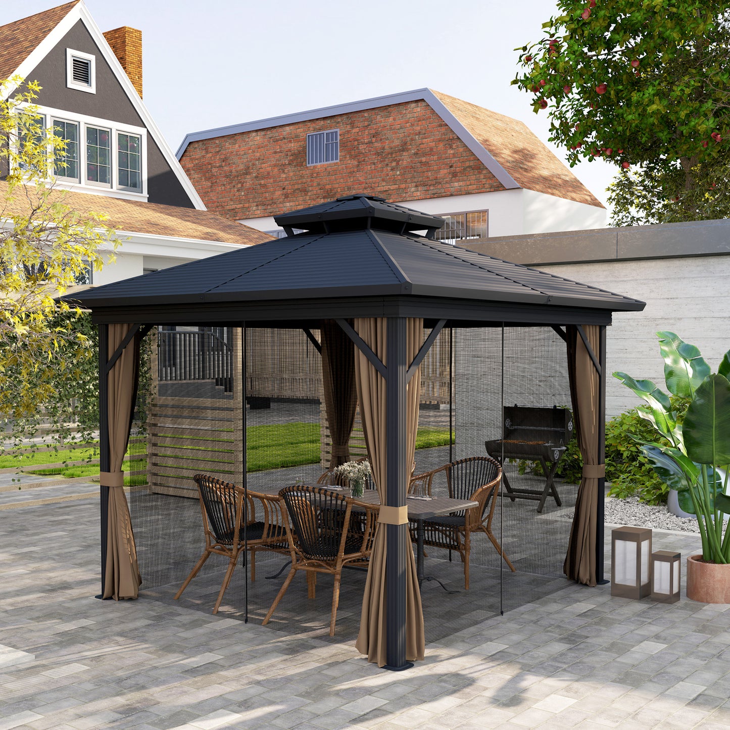 Gazébo toit rigide 3x3,7m double niveau moustiquaire