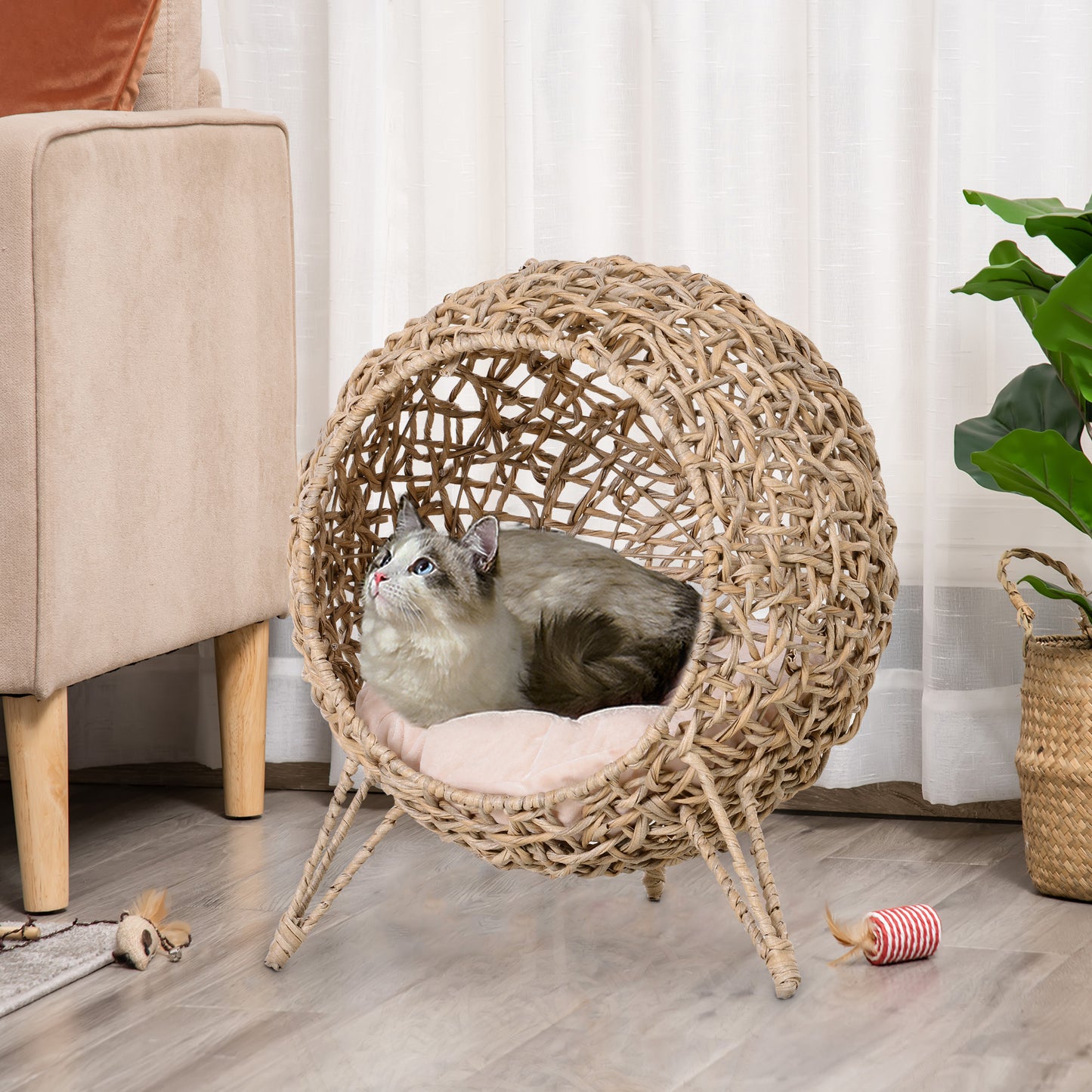 Maison pour chat en rotin surélevée avec coussin