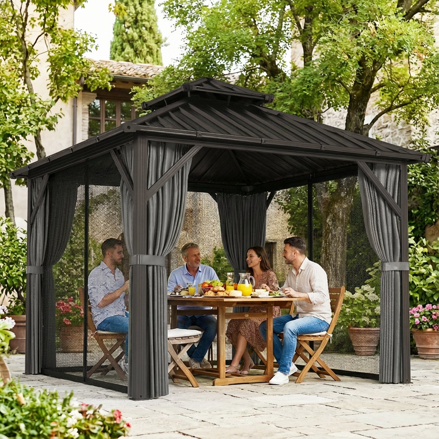 Gazébo Outsunny 3x3m Toit Dur Acier Galvanisé Cadre Aluminium Gris Foncé