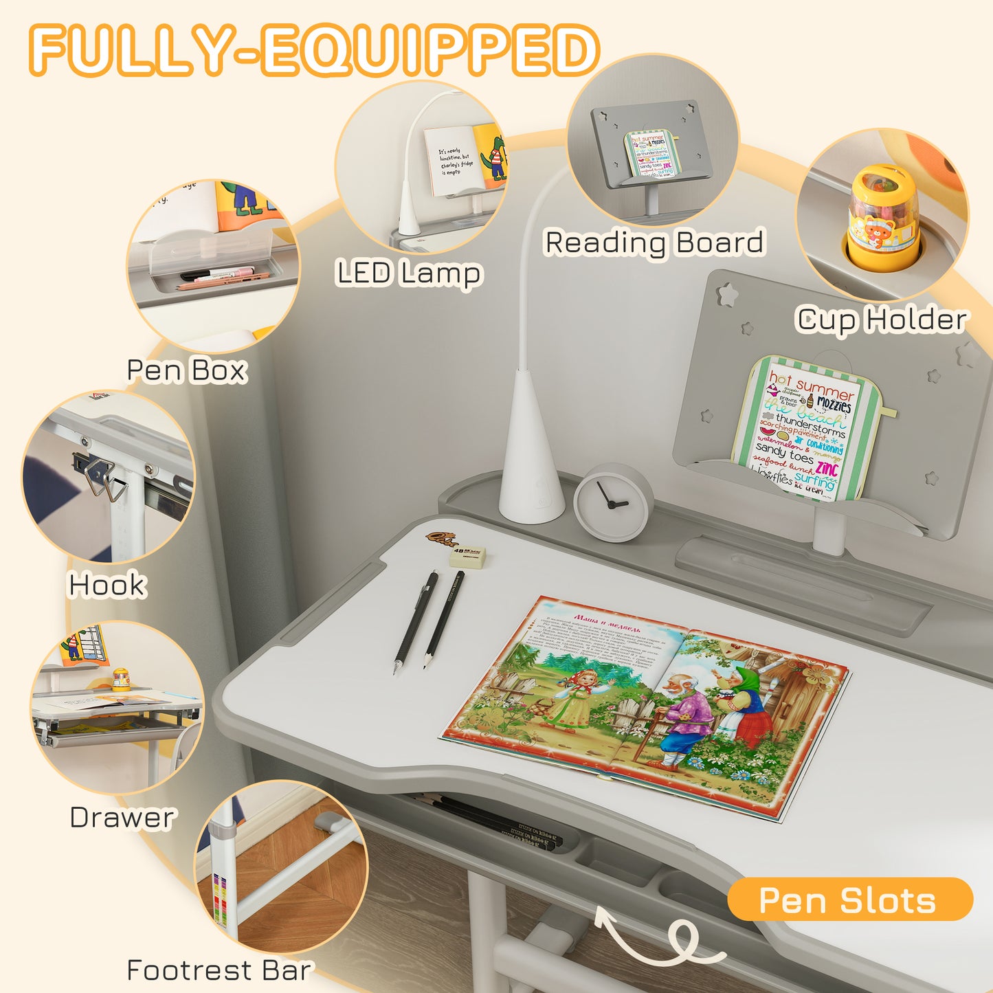 Bureau enfant ajustable avec chaise et lampe LED