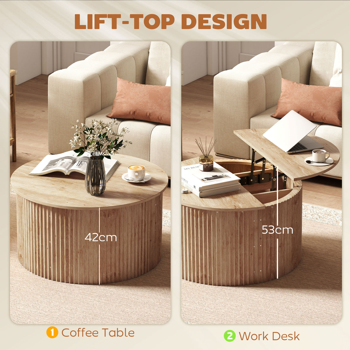 Table basse ronde cannelée à plateau relevable