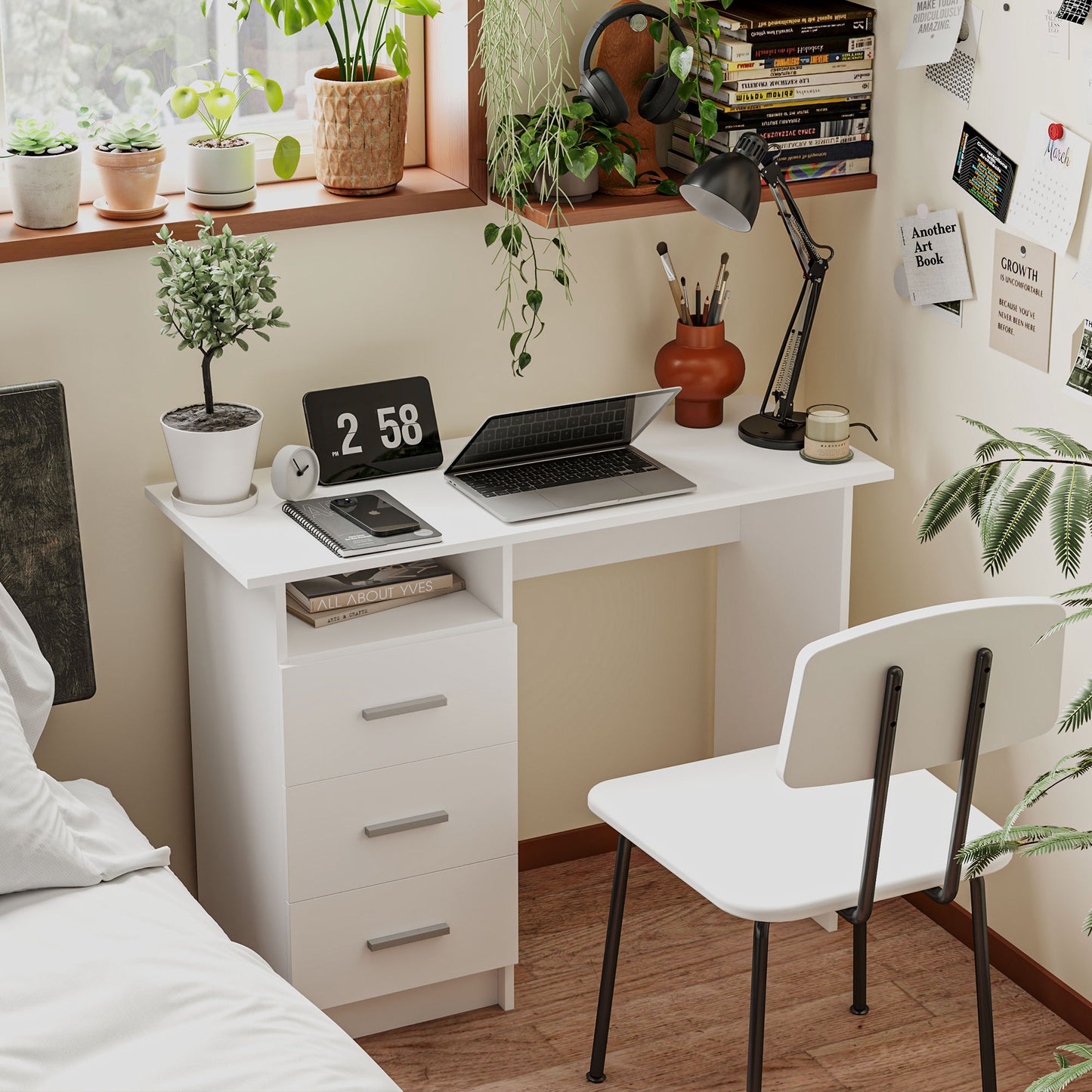 Bureau d'ordinateur avec 3 tiroirs et tablette ouverte