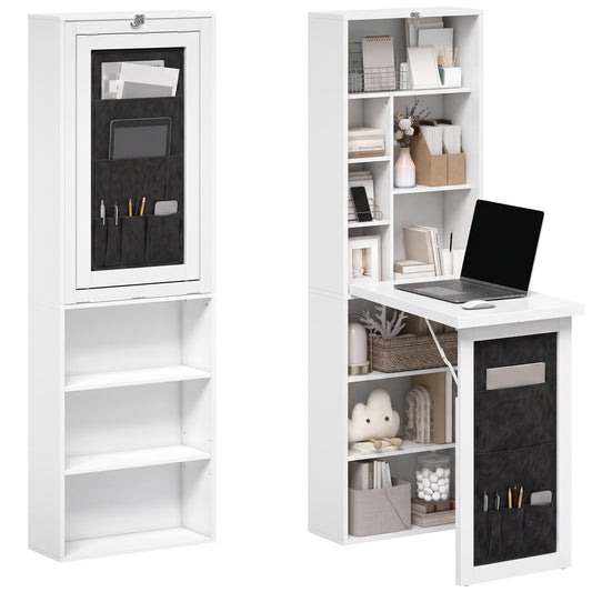 Bureau d'ordinateur mural rabattable avec étagères de rangement