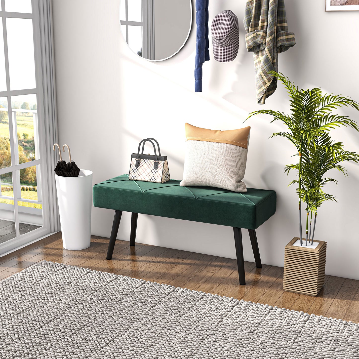 Banc de lit capitonné velours — pieds en acier