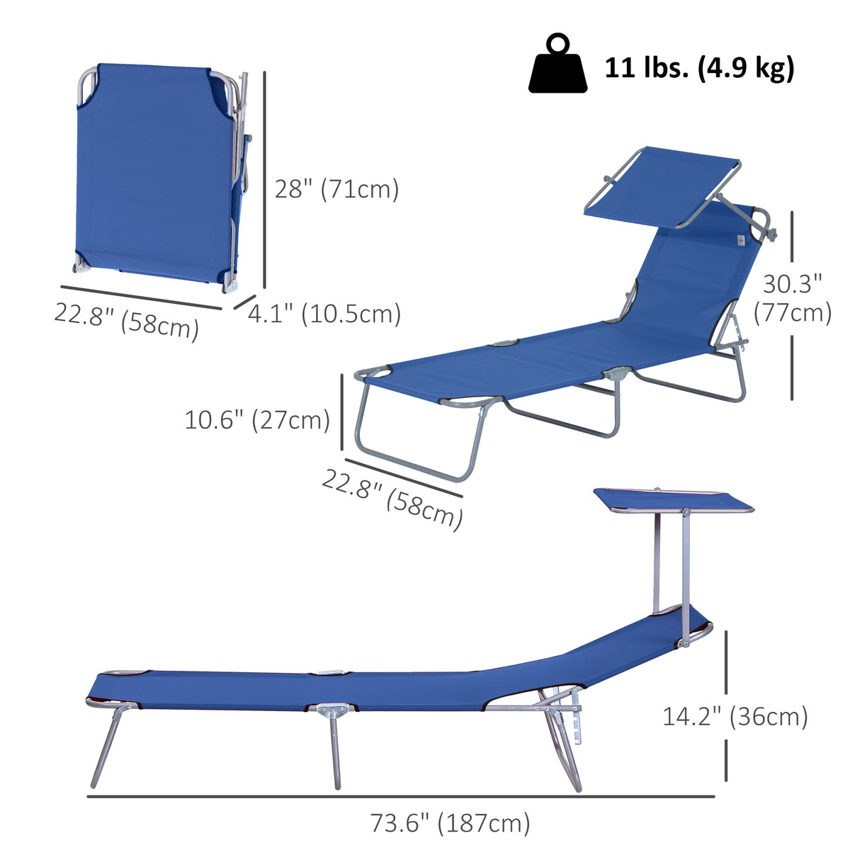 Chaise longue pliante avec auvent réglable