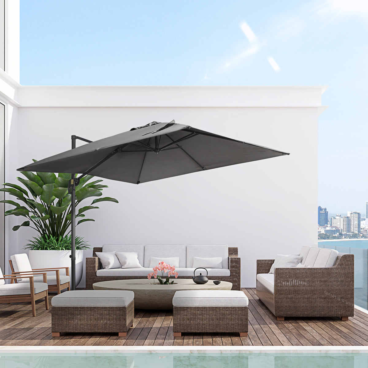 Parasol déporté carré inclinable avec manivelle et pied