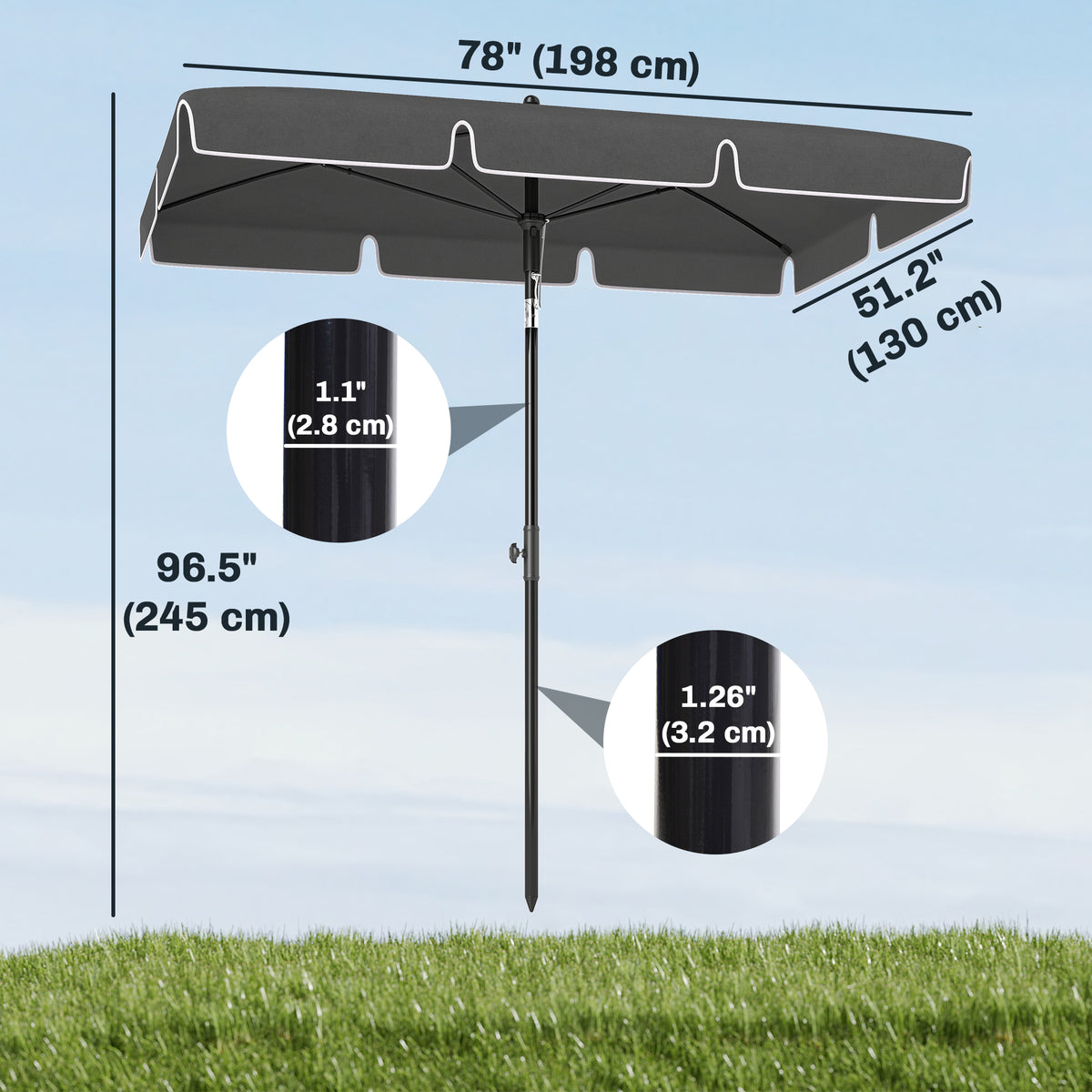 Parasol rectangulaire 198 x 130 cm inclinable aluminium