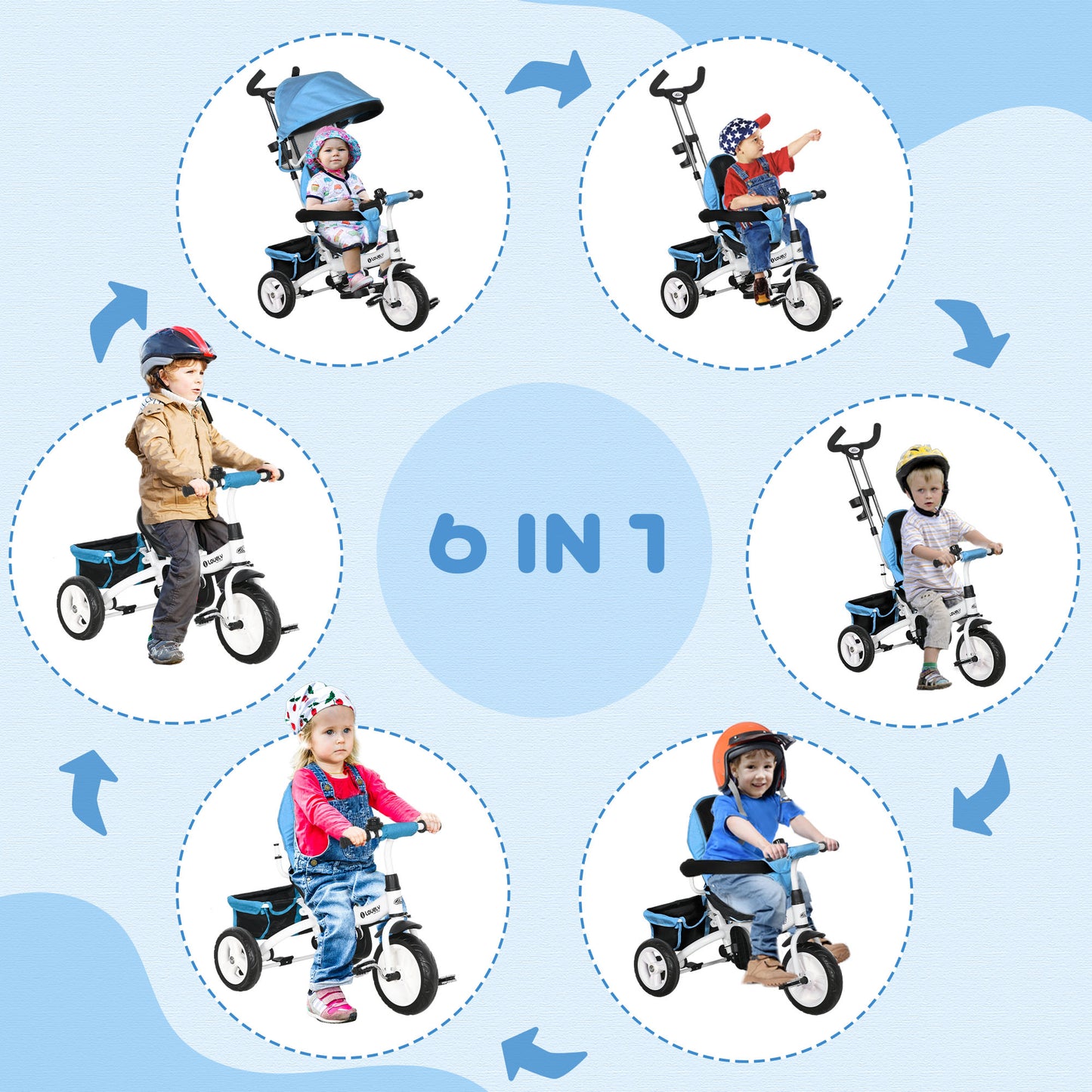 Tricycle 6-en-1 pour tout-petits avec panier et harnais