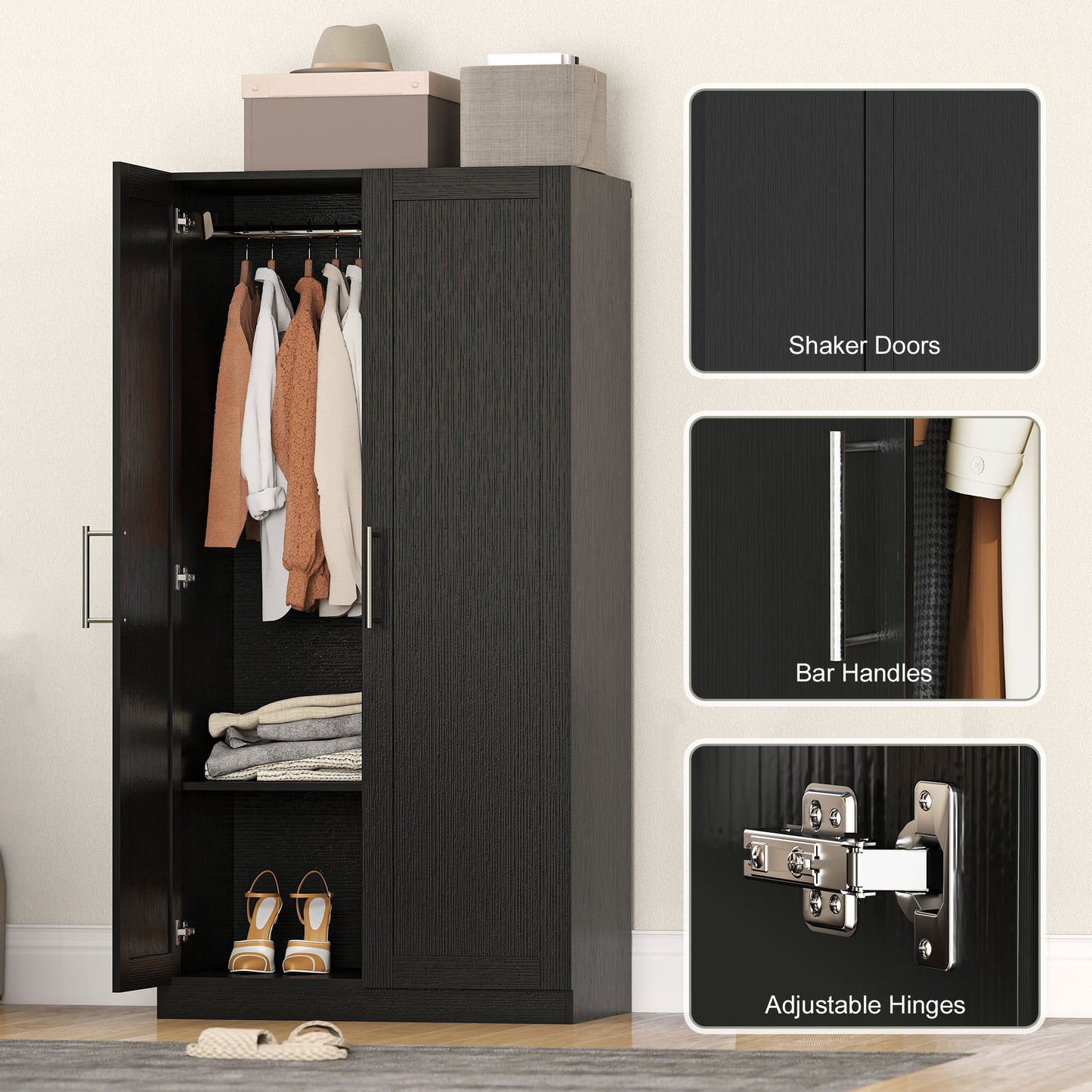 Armoire penderie 2 portes avec tringle — effet bois noir